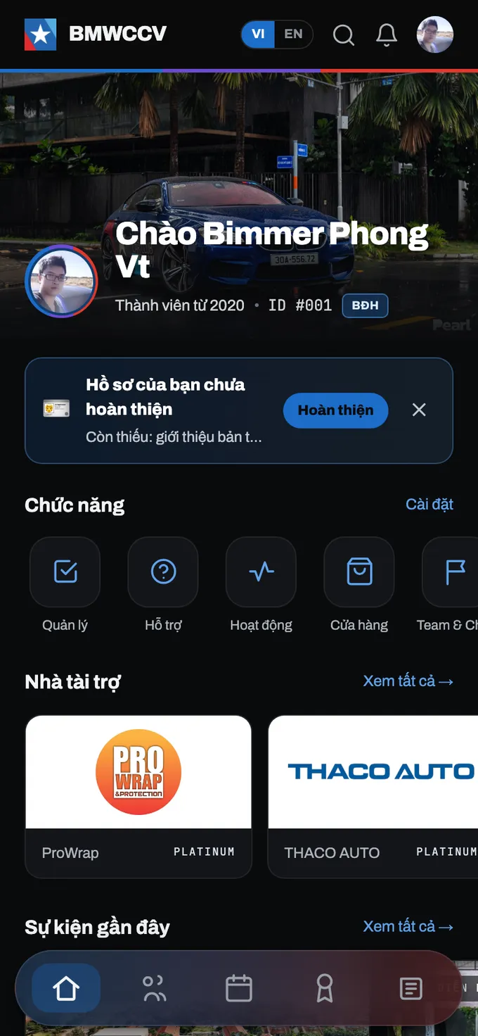 Trang chủ. Dải “Hồ sơ của bạn chưa hoàn thiện” sẽ biến mất khi bạn điền đủ thông tin.
