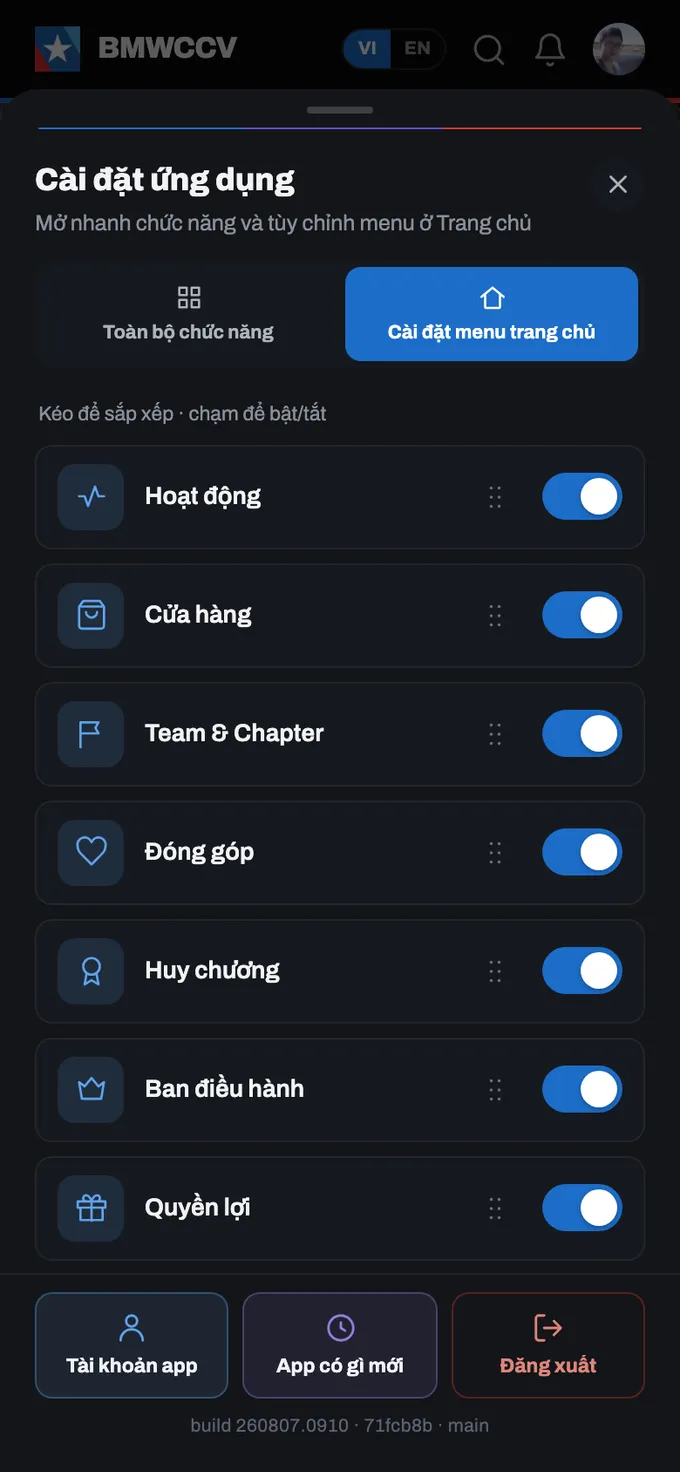 Kéo để sắp xếp, chạm công tắc để bật/tắt.