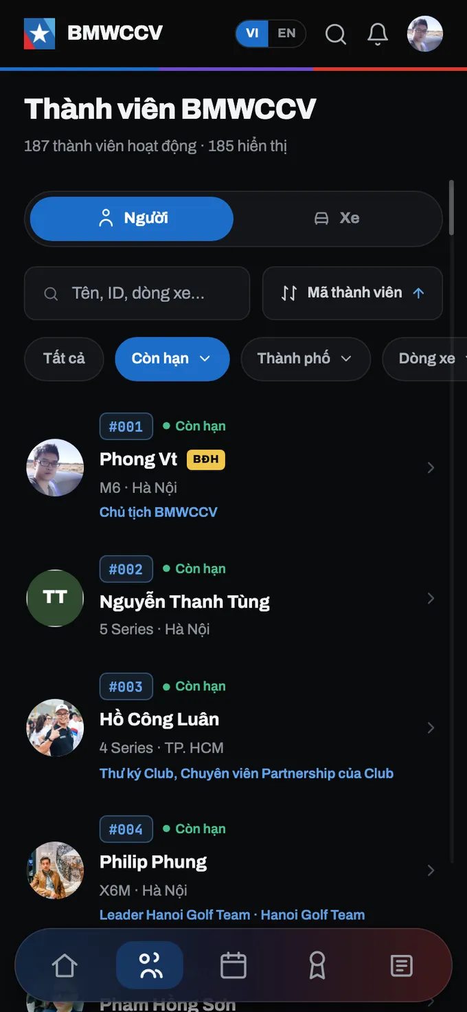 Danh bạ, đang lọc “Còn hạn” và sắp theo mã thành viên.