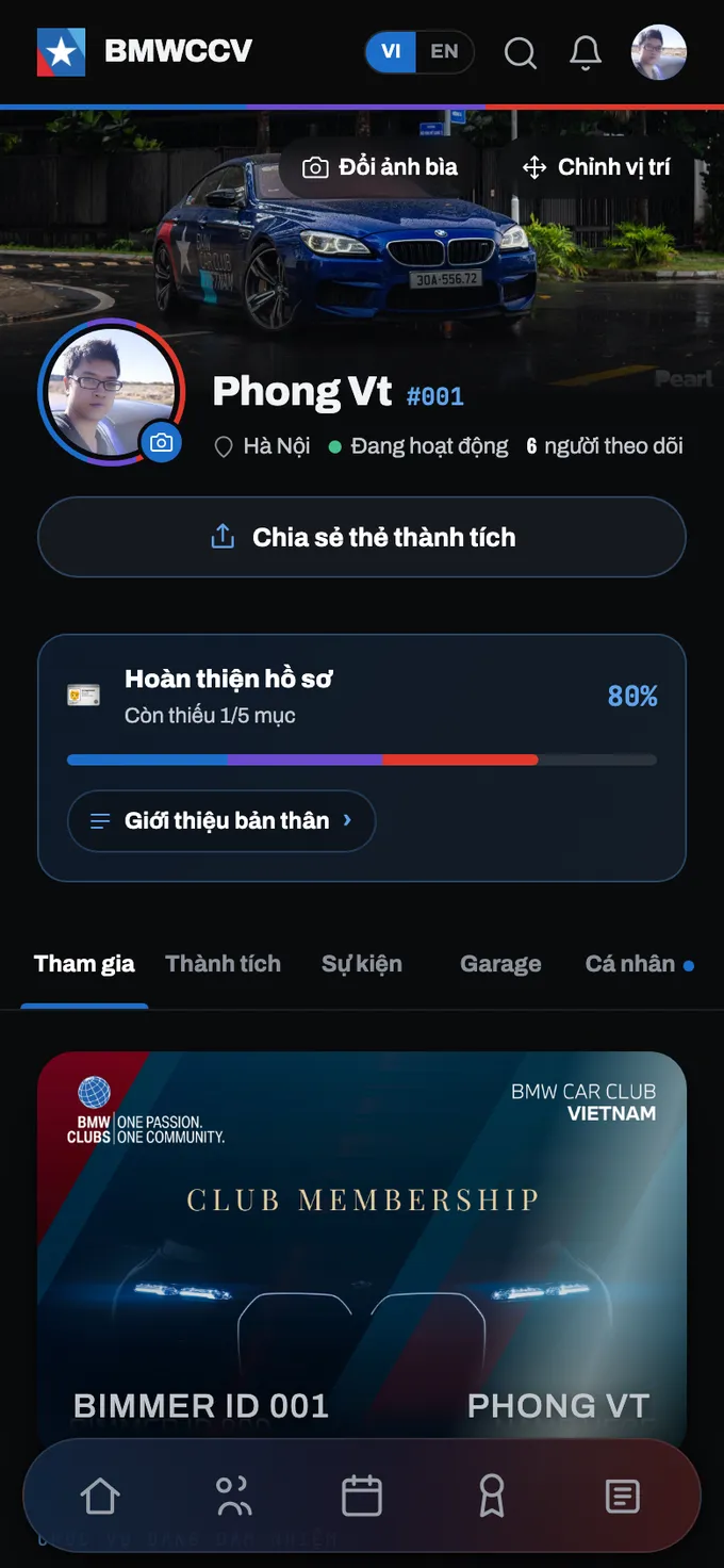 Hồ sơ cá nhân với các tab.