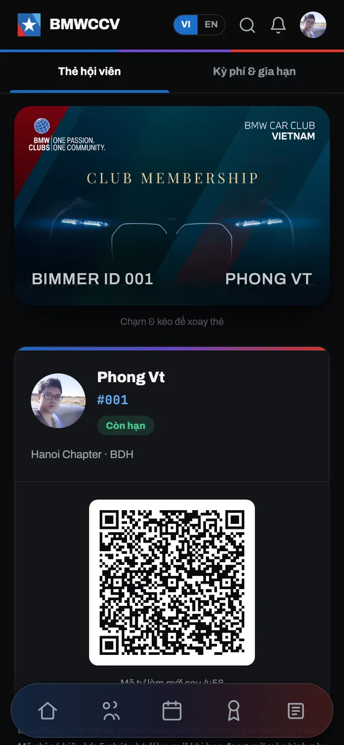 Thẻ hội viên. Chạm và kéo tấm thẻ ở trên để xoay xem mặt sau.
