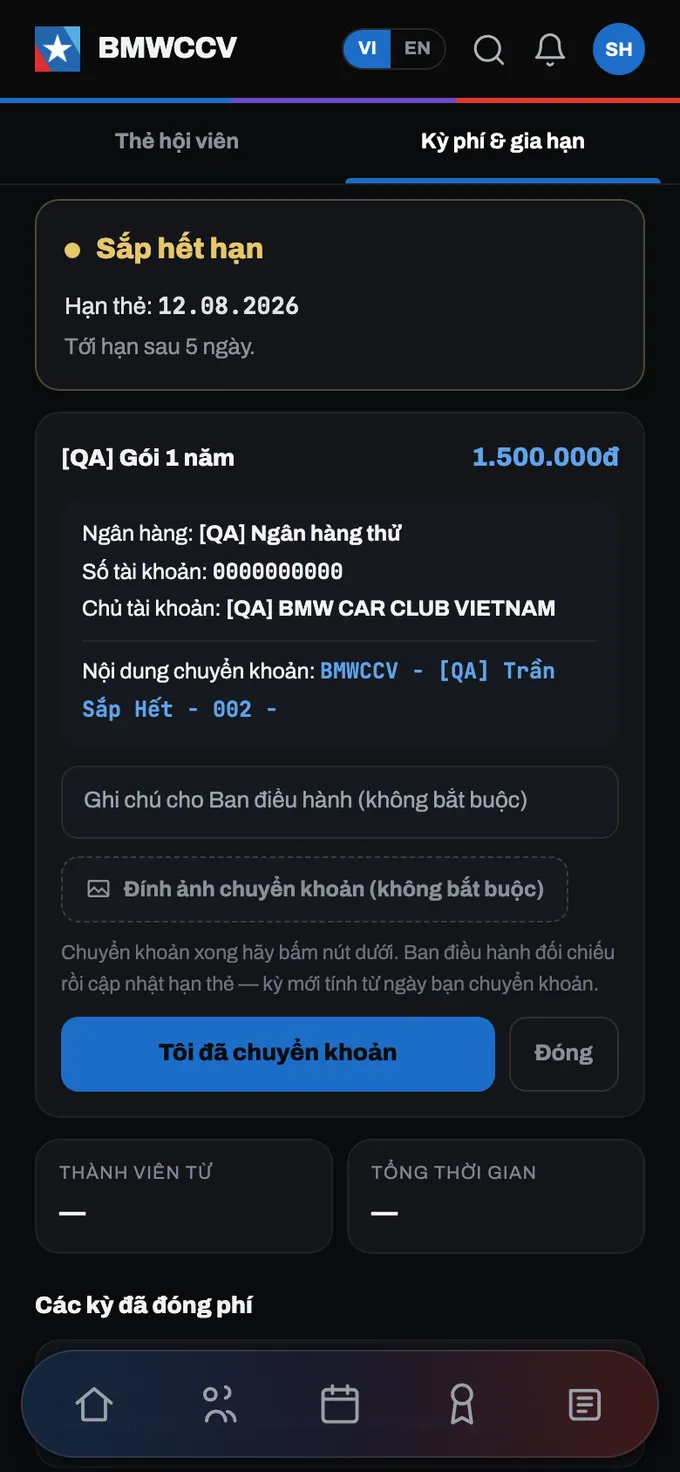 Khối gia hạn (ảnh chụp từ môi trường thử — số tài khoản trong ảnh không có thật).